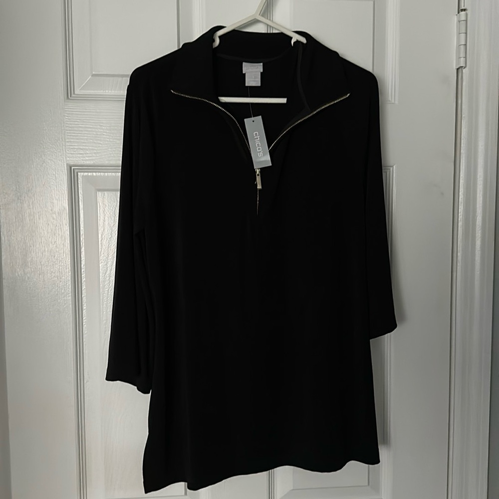 NWT Chico’s Travelers 1/4 Zip Pullover Top 3/4 Sleeves Black. Sz M 8 /10.